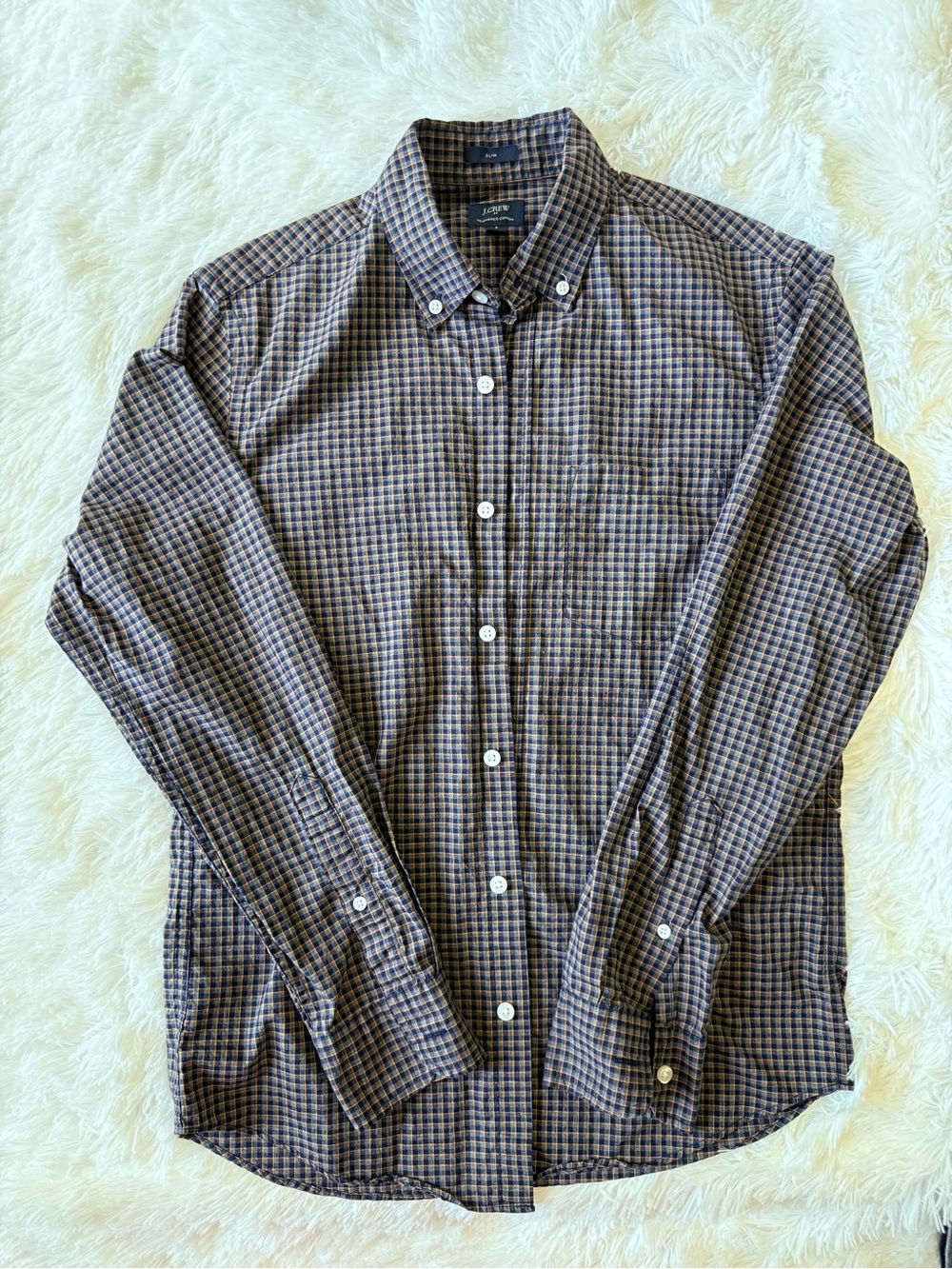 J. Crew Men's Brown and Blue Checked Button-Down Shirt